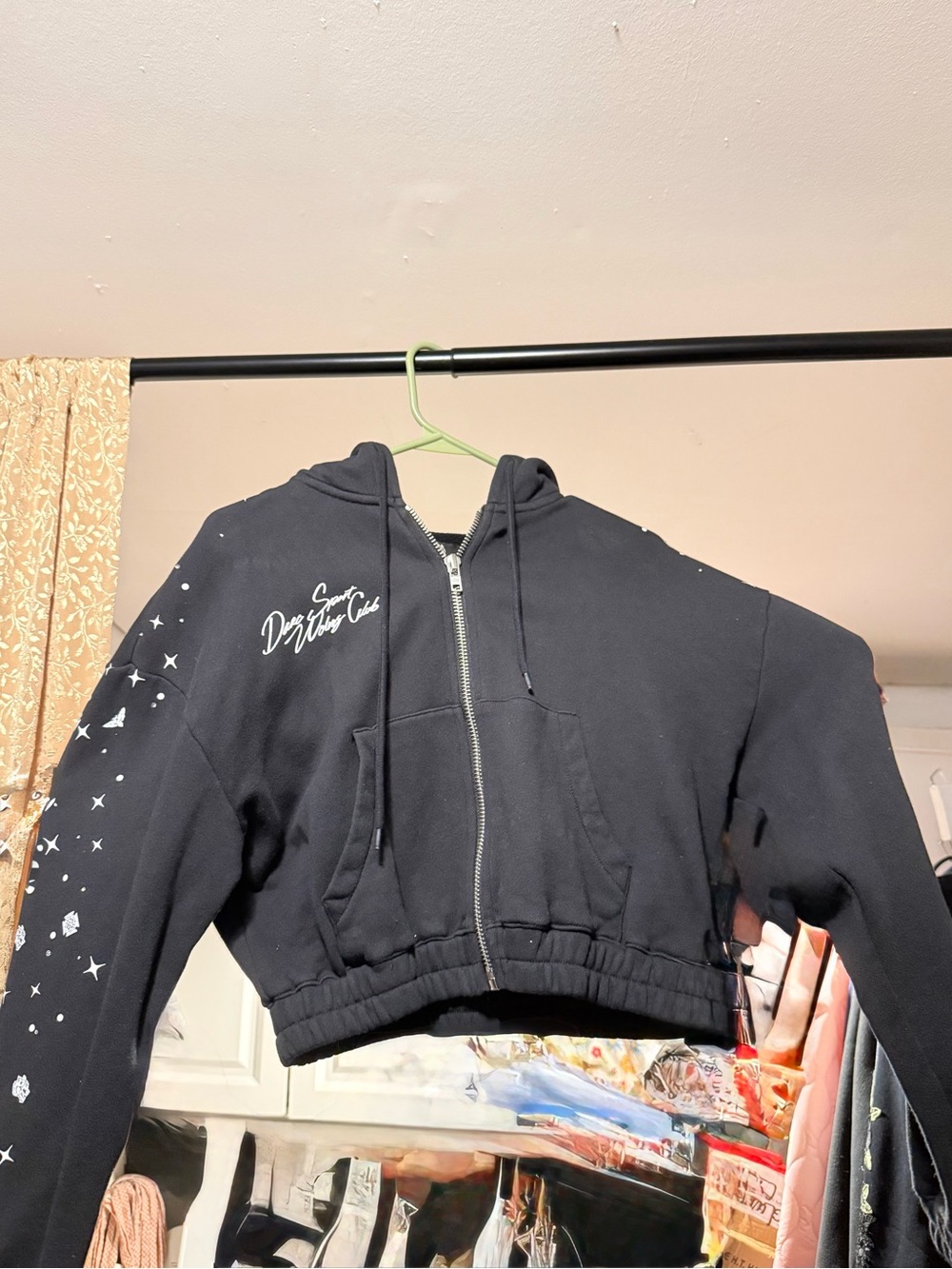 Darc Sport Black Cropped Zip-Up Hoodie with Star Sleeve Print